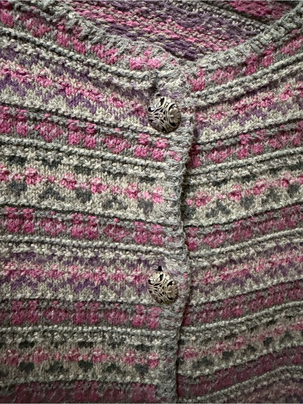 Vintage Fair Isle Cardigan Knit Sweater Metal Buttons Cottage Whimsical Earth XL - Picture 2 of 4